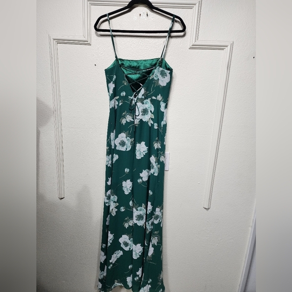Lulus Feeling Elegant Green Floral Print Lace-Up Slit Maxi Dress S Wedding Party - Picture 7 of 11